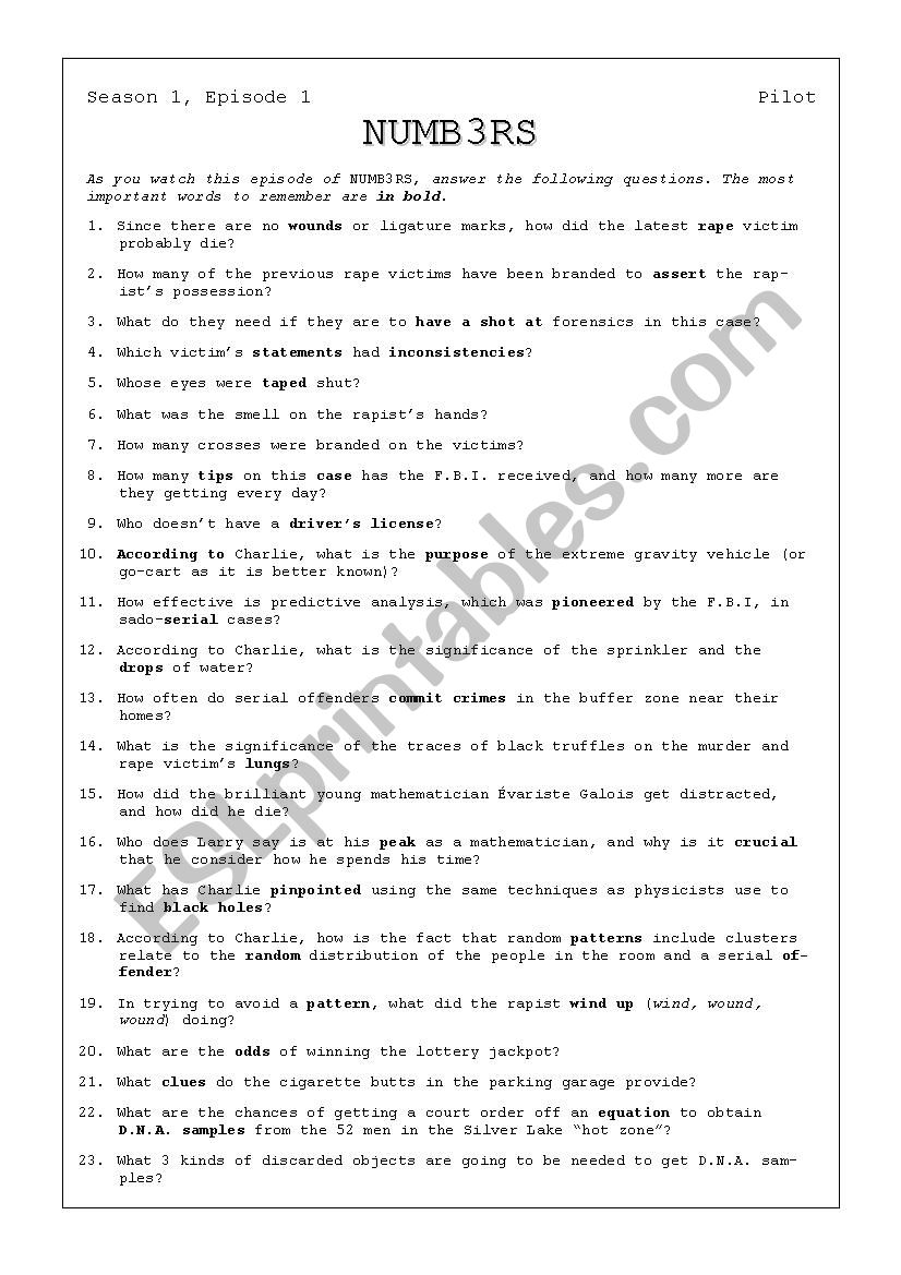 Numb3rs - Pilot episode worksheet