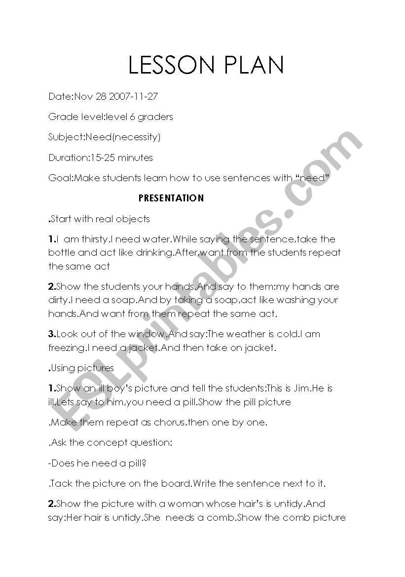 Lesson Plan (need) worksheet