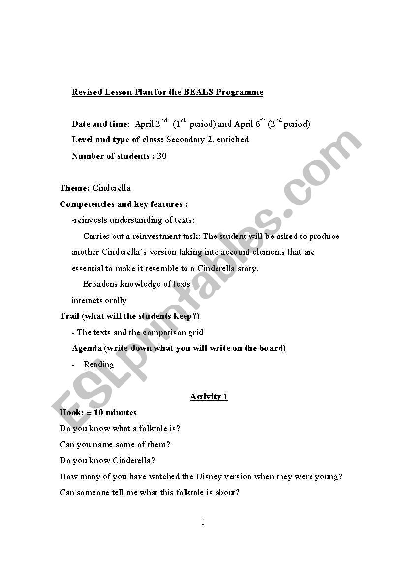 Cinderella lesson plan worksheet