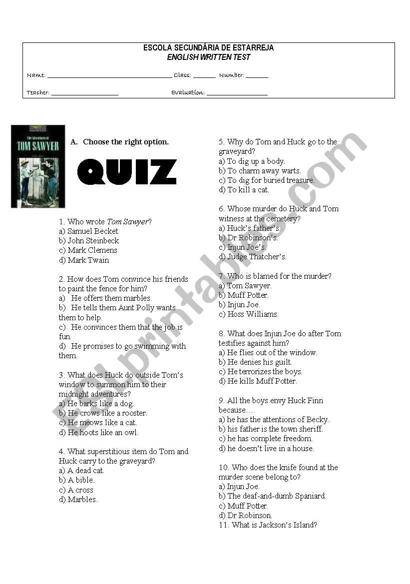 Tom Sawyer quiz worksheet