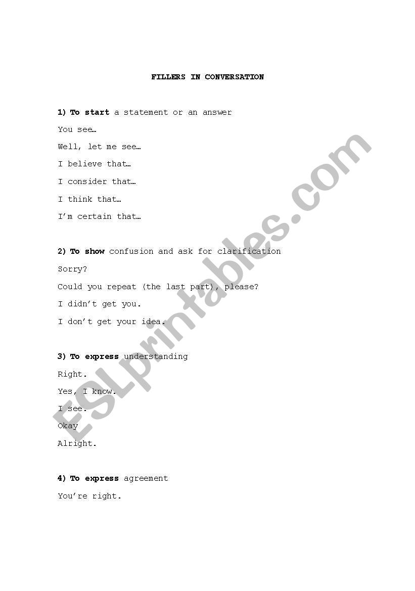 Fillers in conversation worksheet