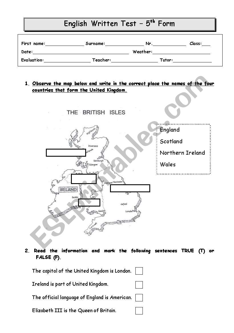 English Test - 5th worksheet