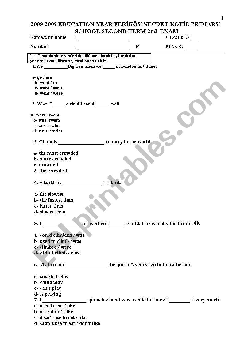 7th grade 2nd term 2nd exam test 