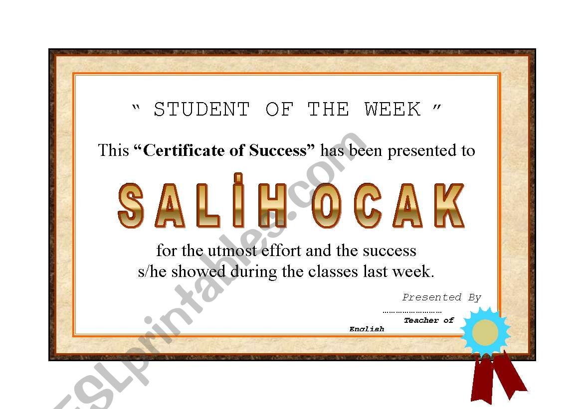 STUDENT OF THE WEEK worksheet