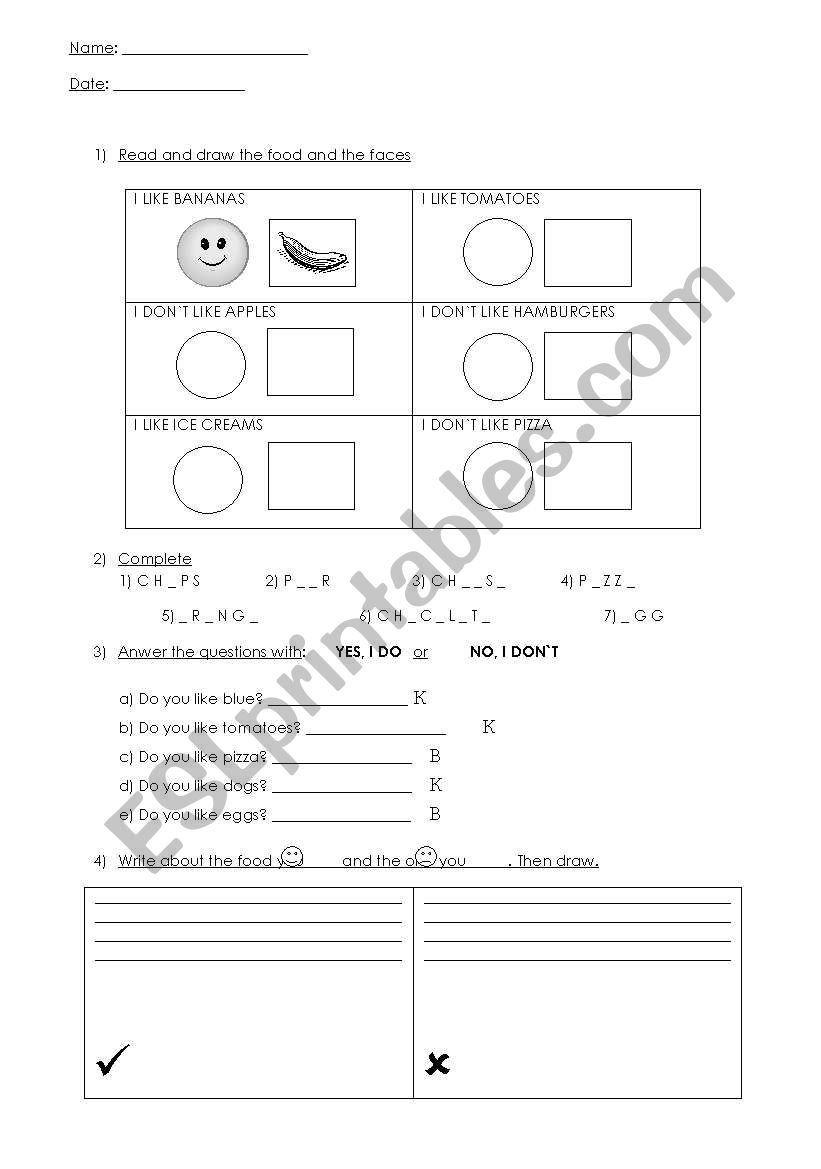 likes and dislikes  worksheet