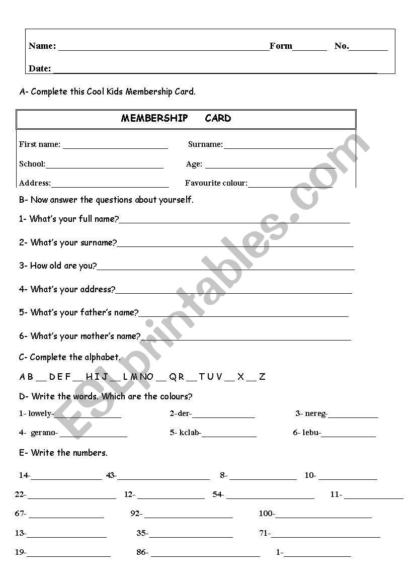 Personal identification worksheet