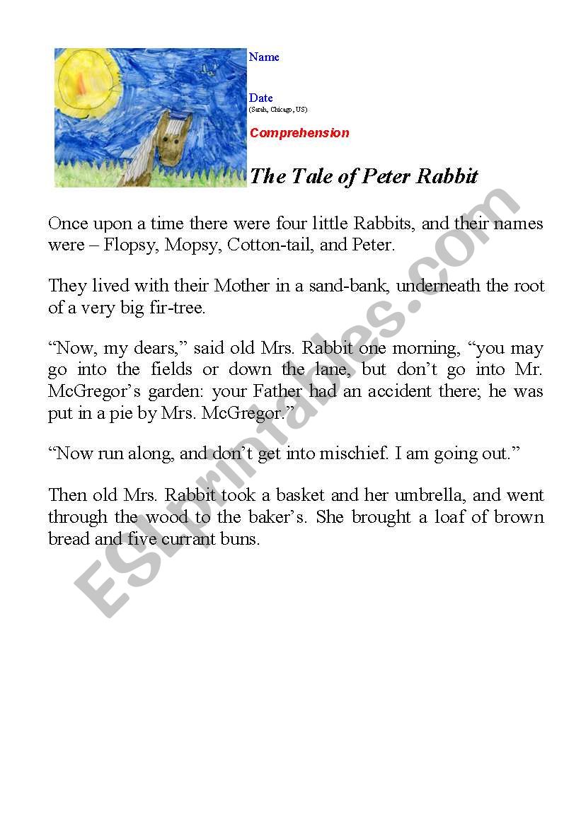The tale of Peter Rabbit worksheet