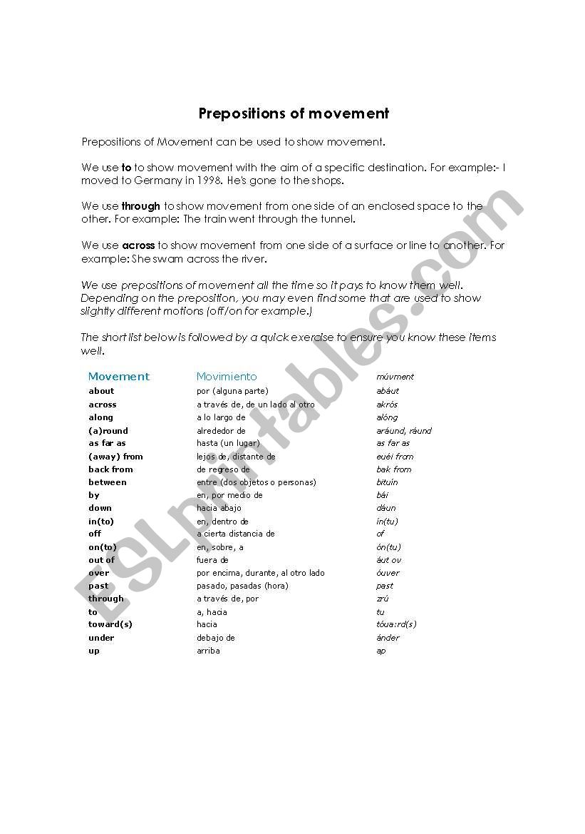 Prepositions of Movement worksheet