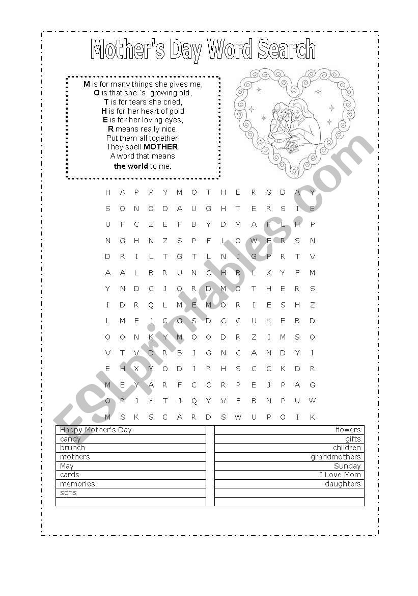 Mothers day wordsearch worksheet