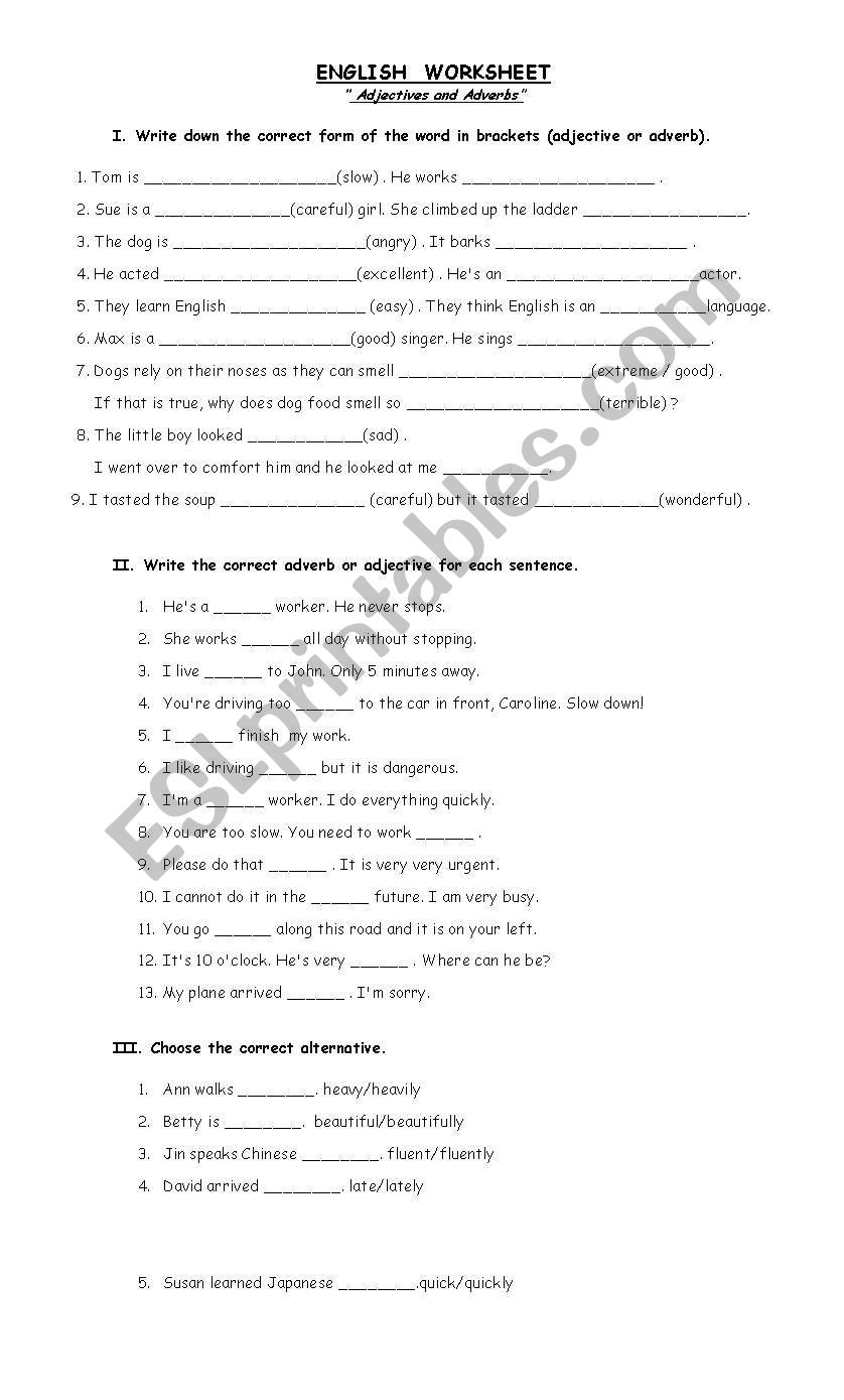 Adjectives and adverbs worksheet