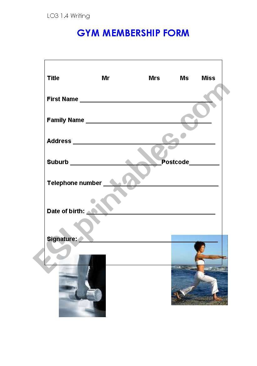 Filling in a form for the gym worksheet