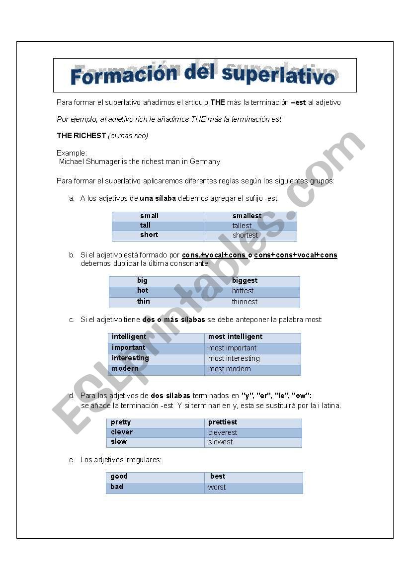 formacion del superlativo  worksheet