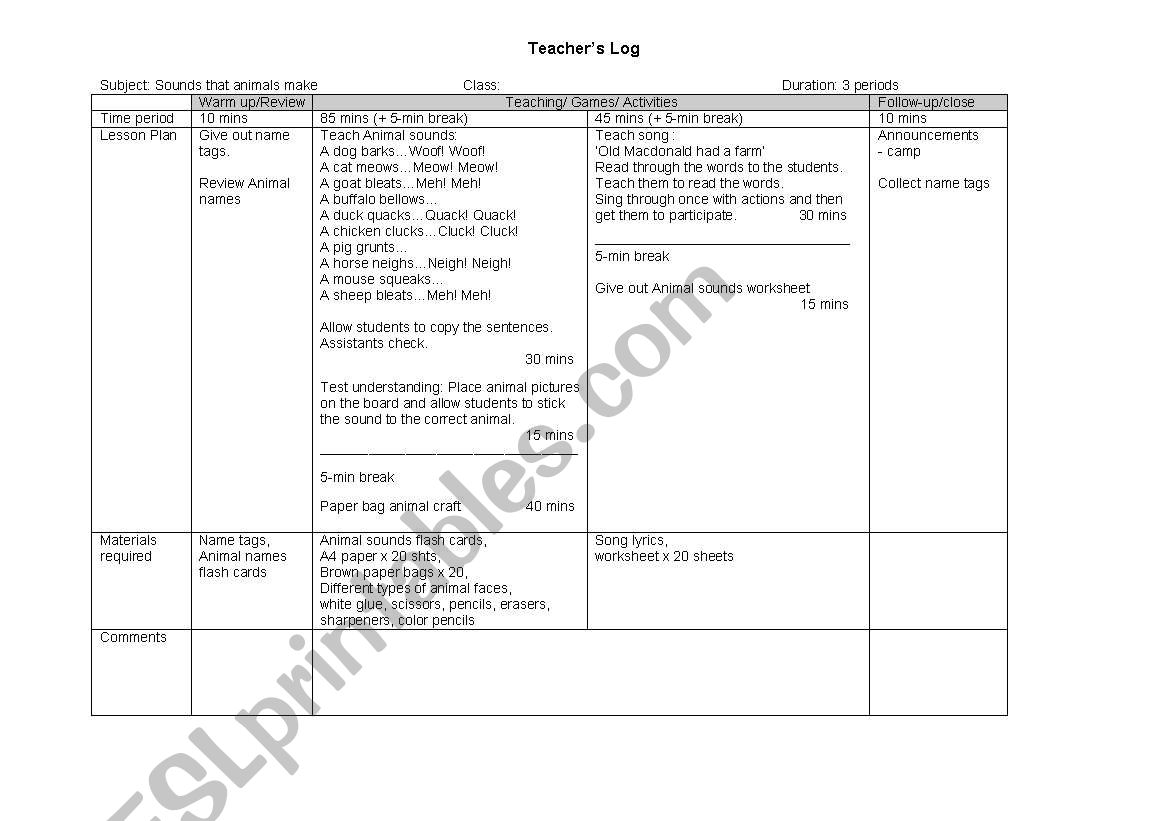 Animal sounds lesson plan worksheet