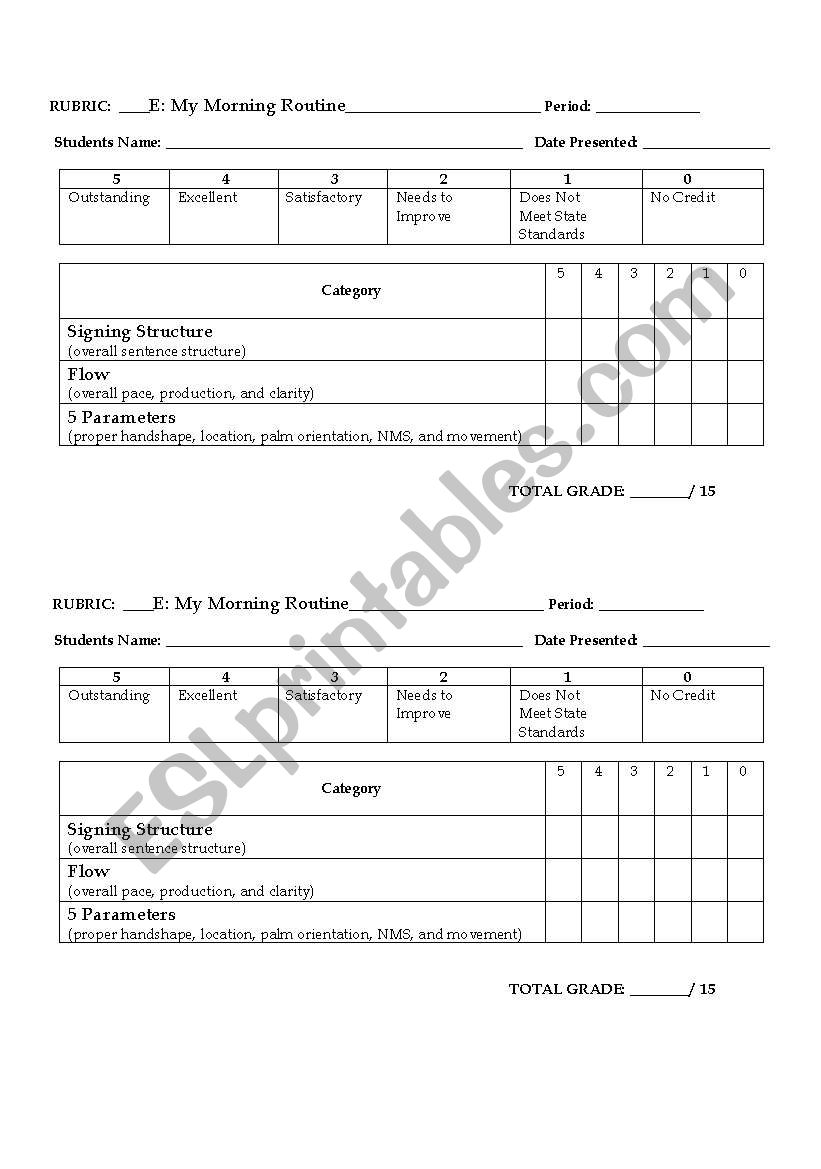 Daily Routine Rubric worksheet