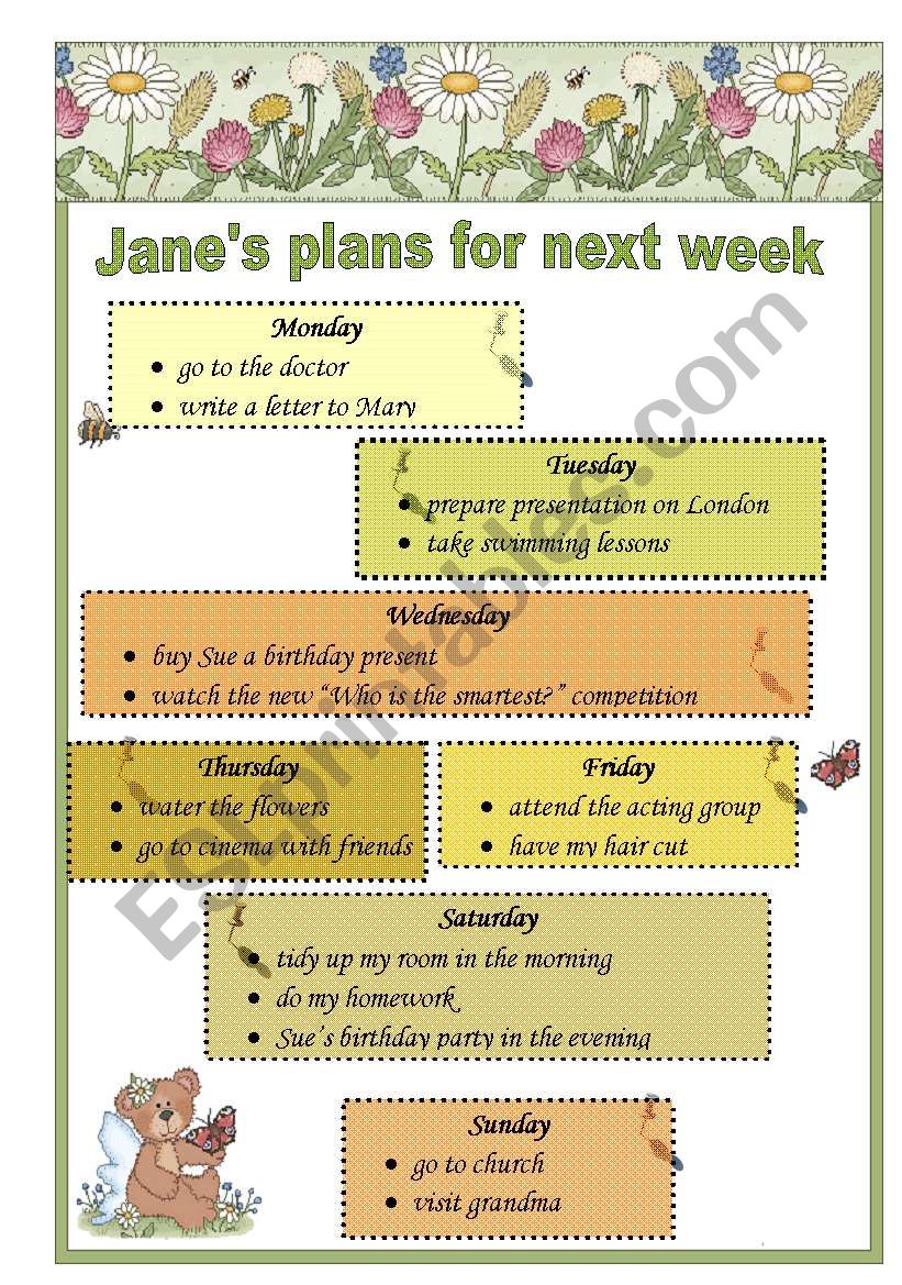 Jane s plans for next week  worksheet