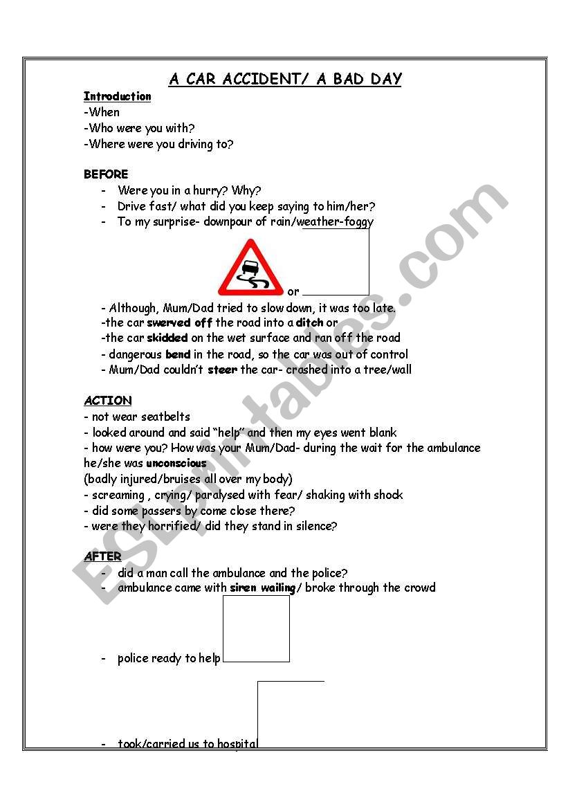 A car accident  worksheet