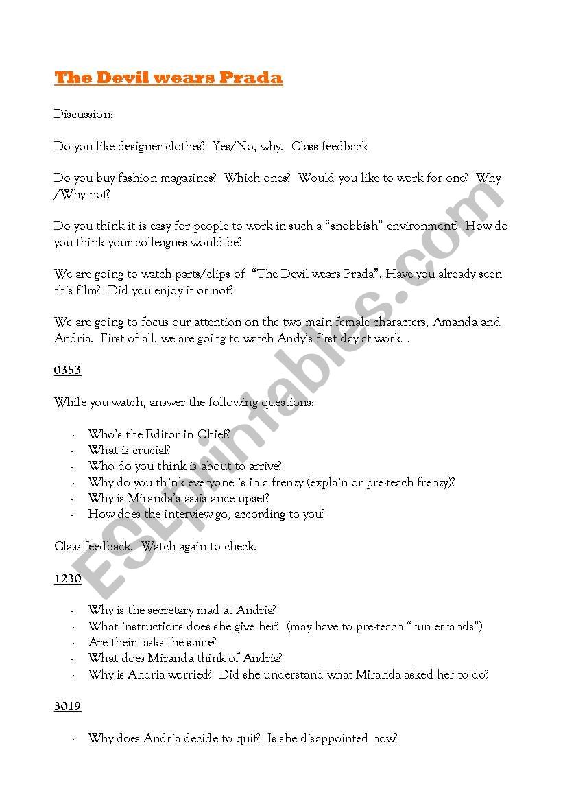 The Devil wears PraDA worksheet