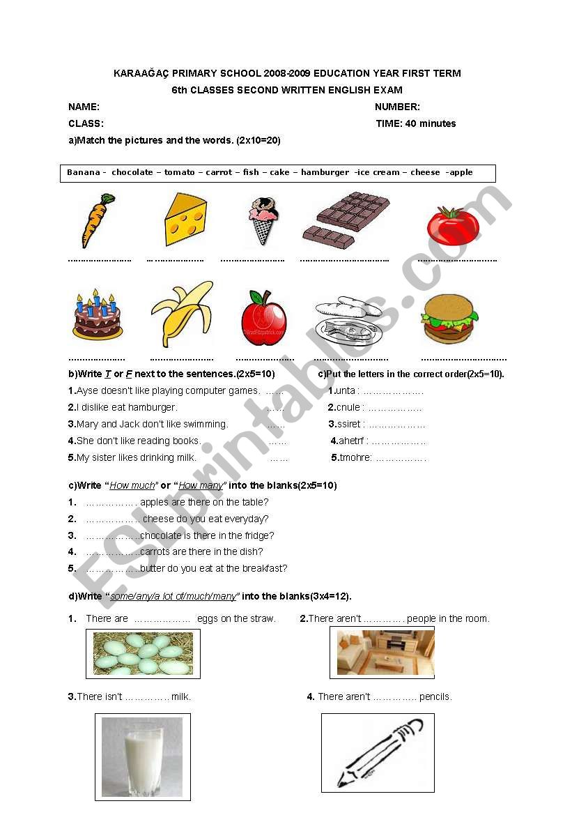 6th grade exam worksheet