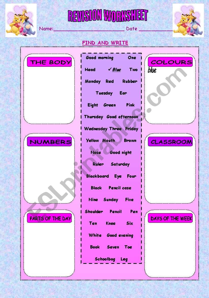 Body+Colours+Numbers+Classroom+Parts of the Day+ Days of the week