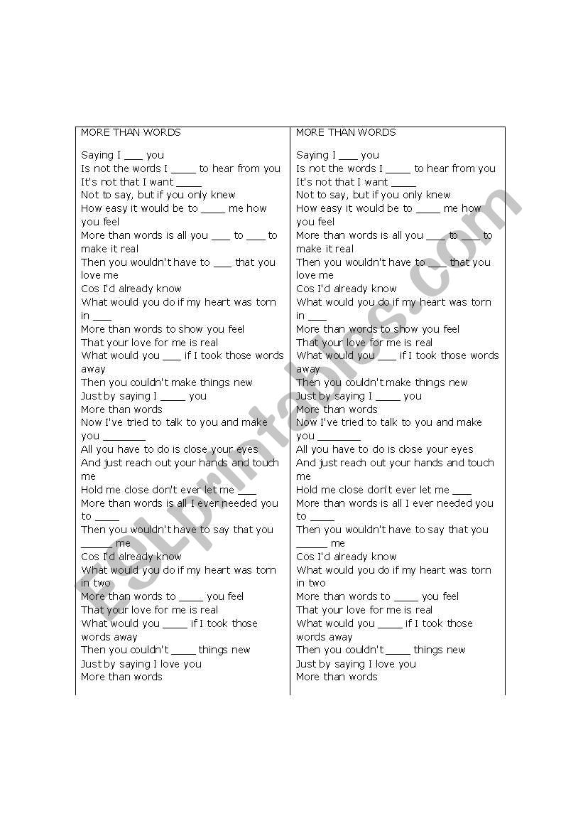 more than words song worksheet