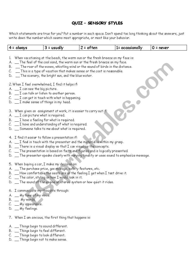 QUIZ - SENSORY STYLE worksheet