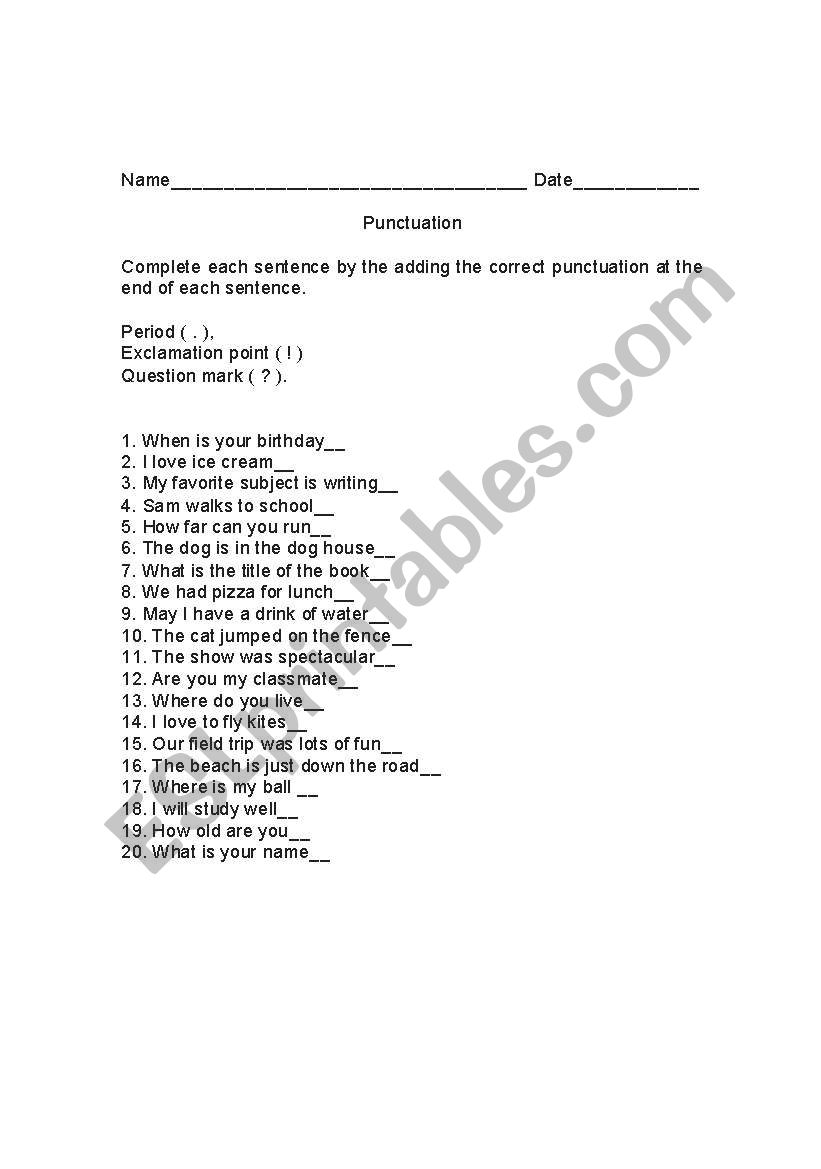 puncuation worksheet