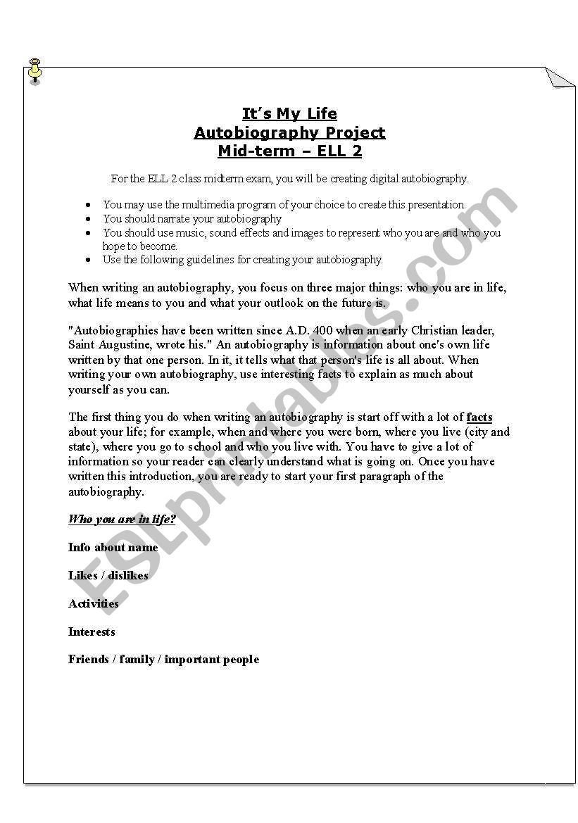 Assessment - autobiography worksheet