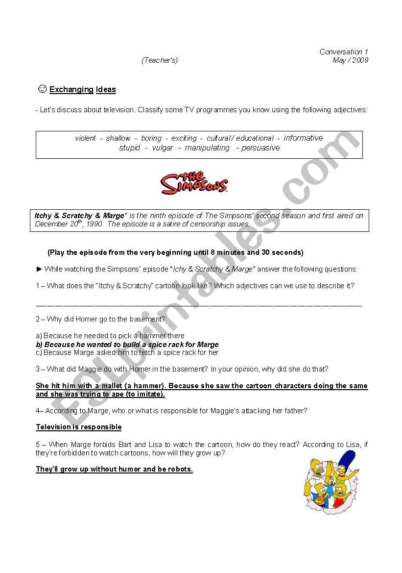 Conversation class based on the Simpsons´ episode Itchy and Scratchy (teacher´s)
