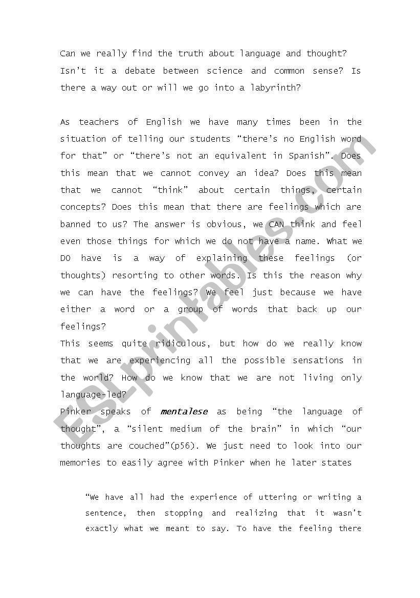 Pinker - Reflective Essay worksheet