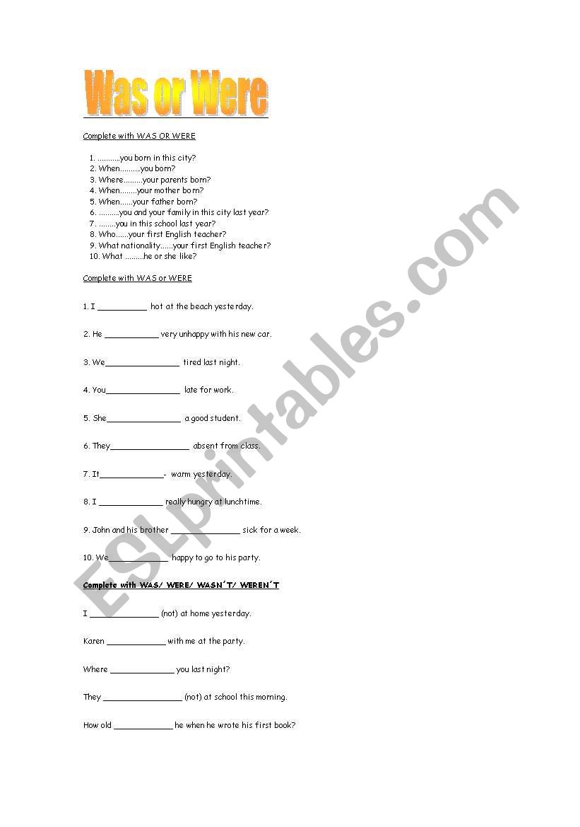 was and were worksheet