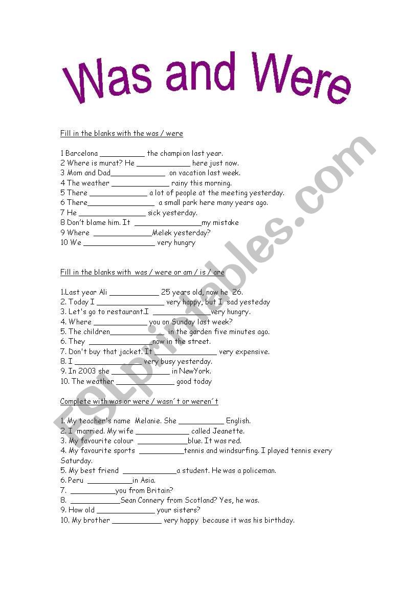 was and were worksheet