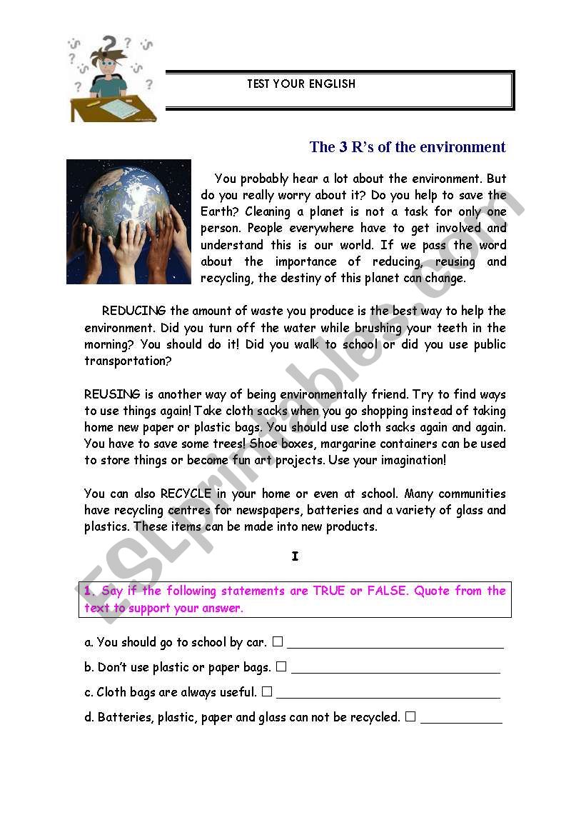 The Rs of the environment worksheet