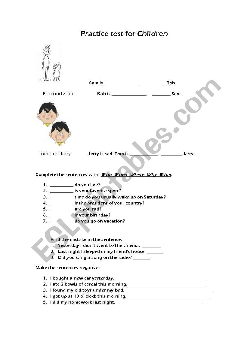 Practise test for children worksheet