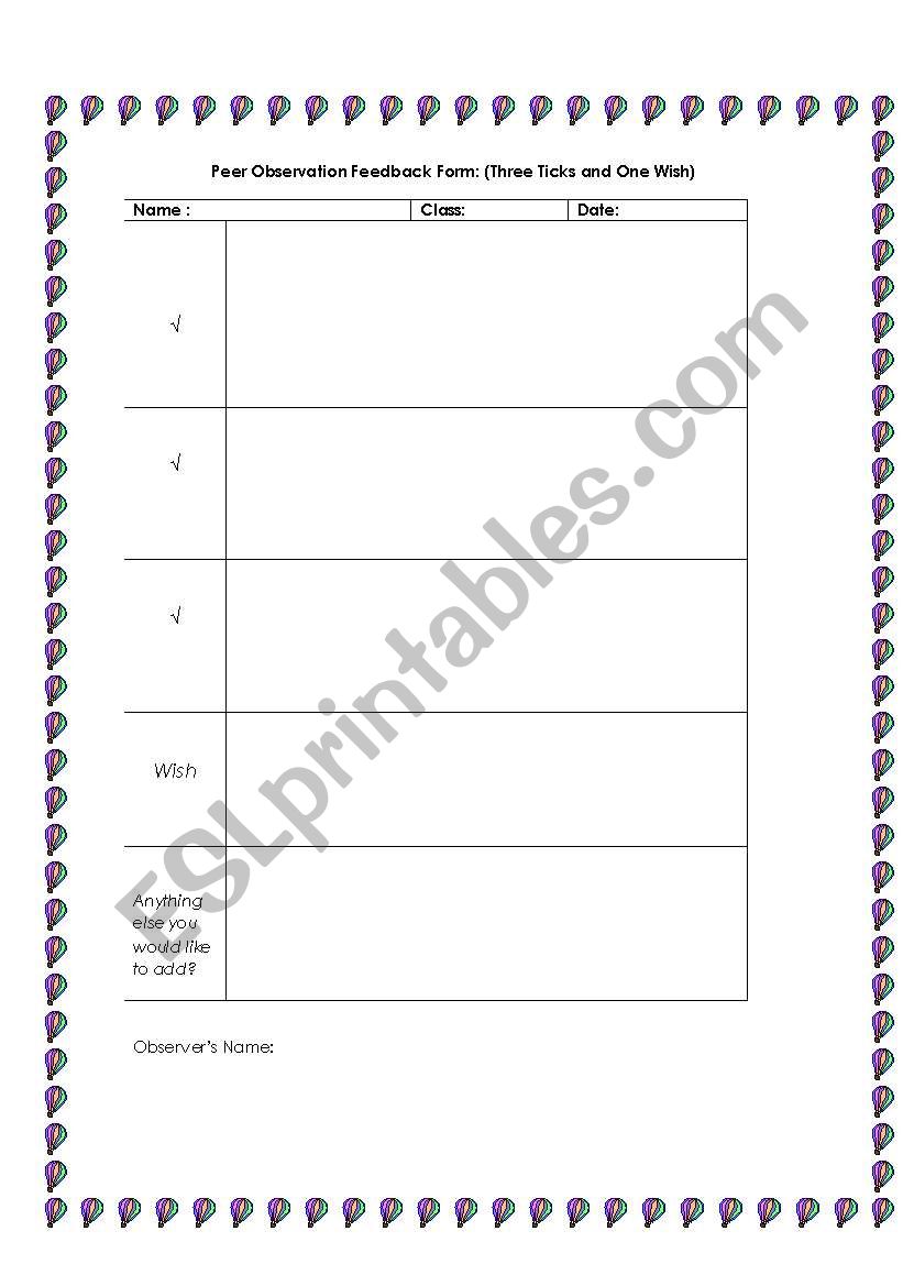 peer observation feedback worksheet