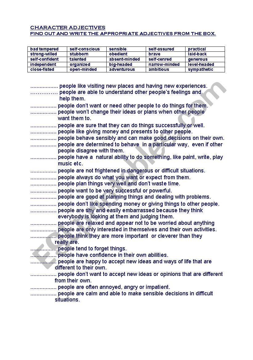 character adjectives worksheet