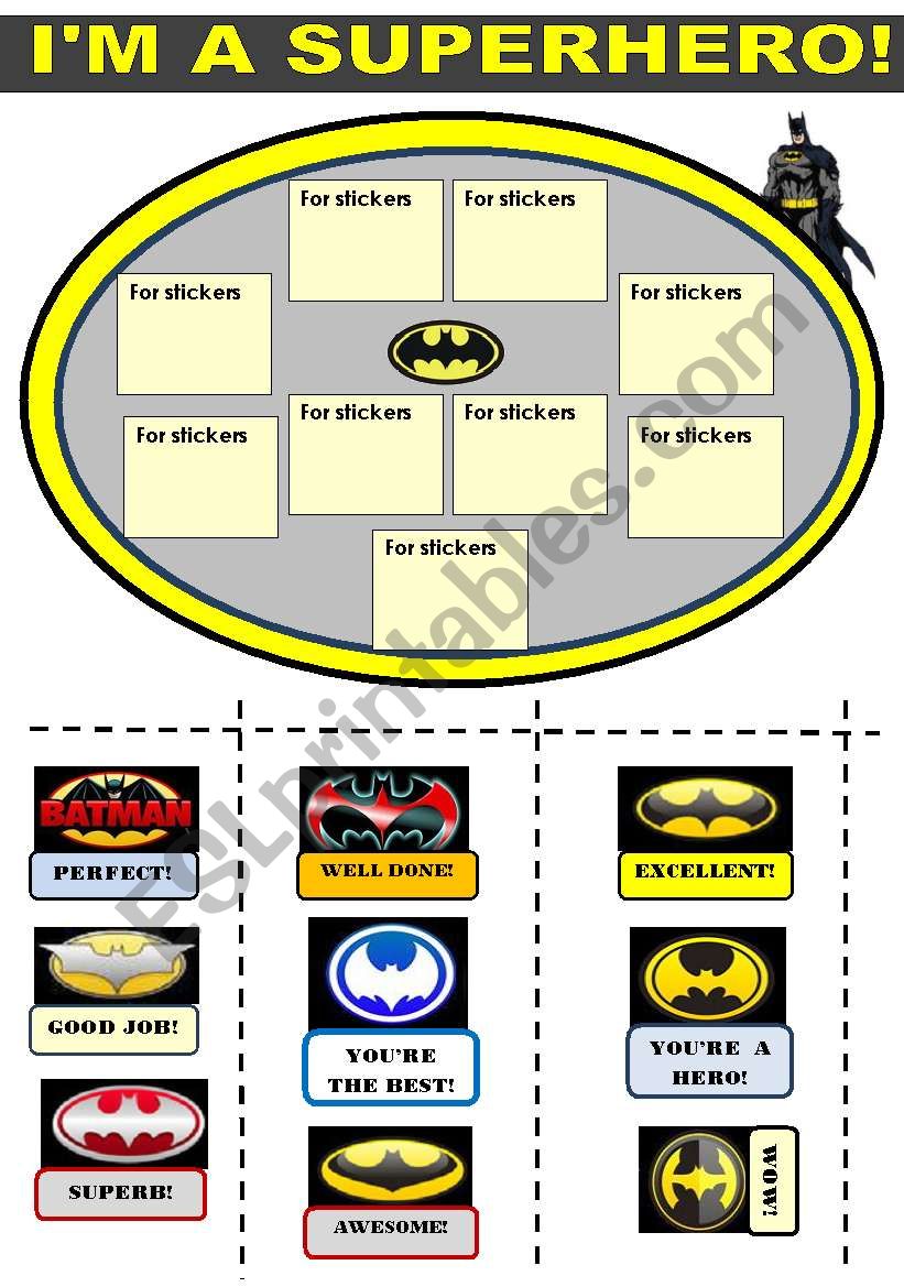 I AM A SUPERHERO!   !!!! FOR BOYS!!! - A SET OF BATMAN THEMED REWARD STICKERS WITH A TEMPLATE FOR STICKERS , 2  BATMAN MASKS AND 2 BATMAN ACTIVITIES (MAKE A NEW WORD AND BATMAN WORDSEARCH) 4 pages