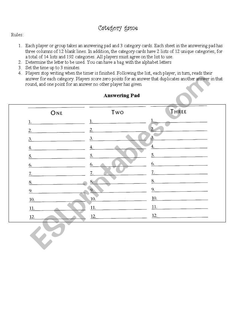 Category Game worksheet