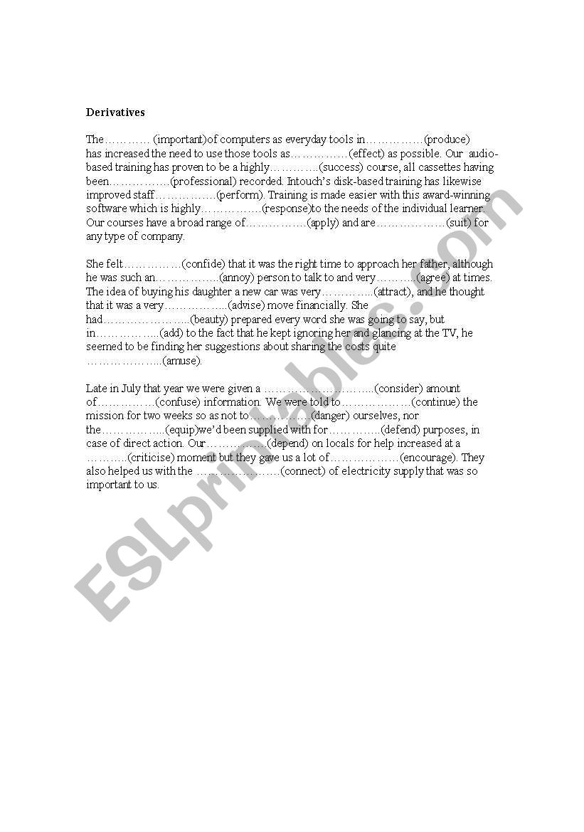 Derivatives worksheet