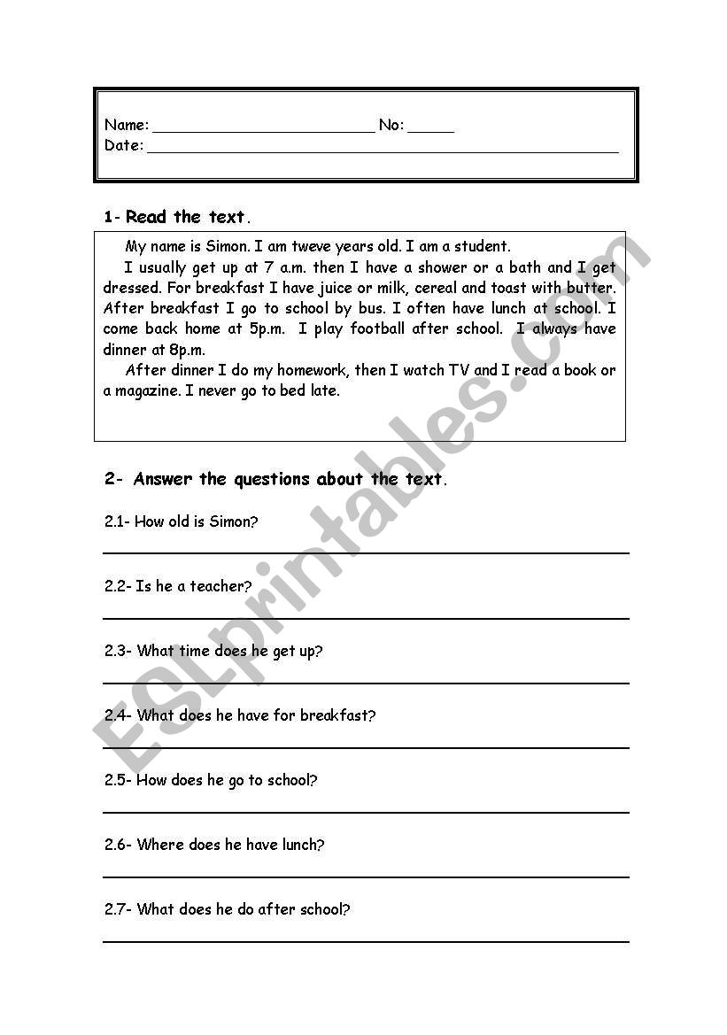 Daily routine worksheet