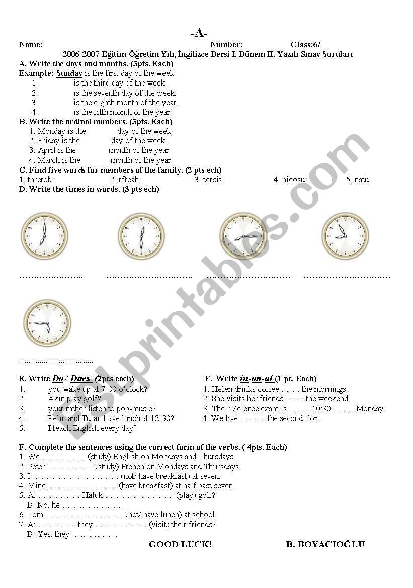 time test worksheet