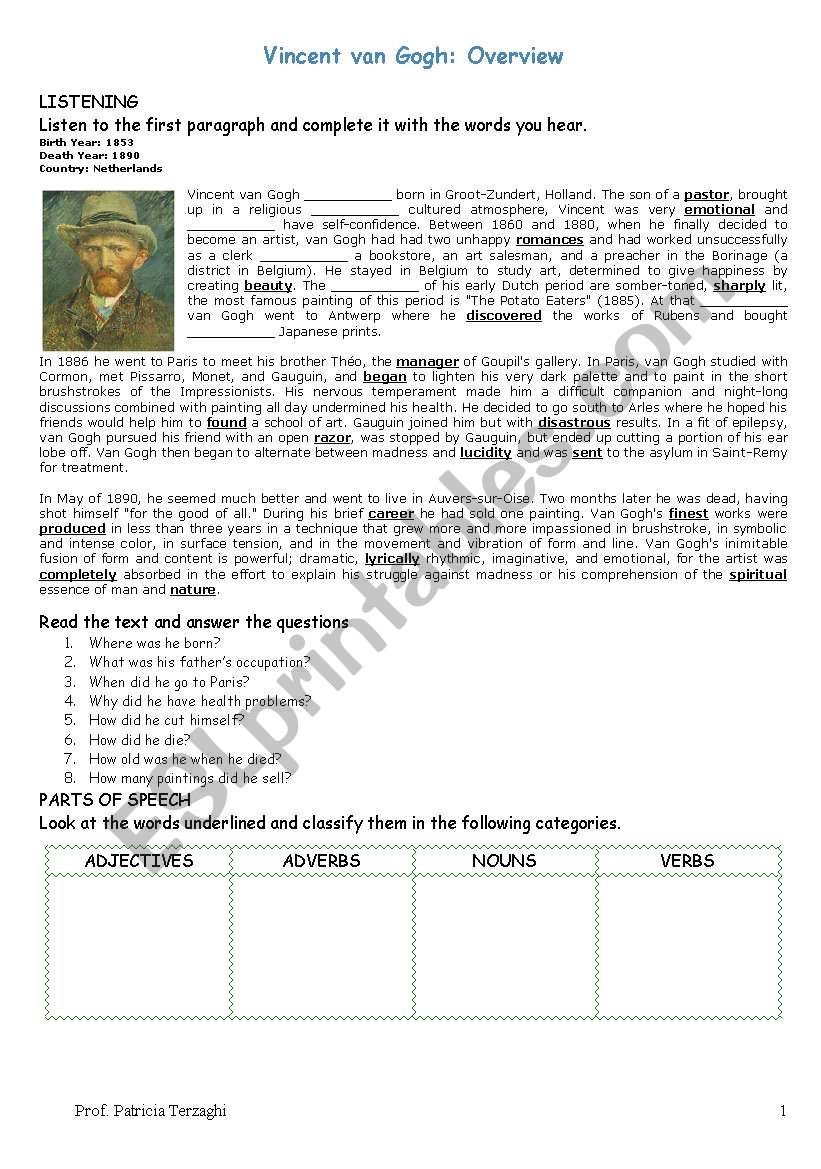 Vincent Van Gogh (5 / 5 / 09) worksheet