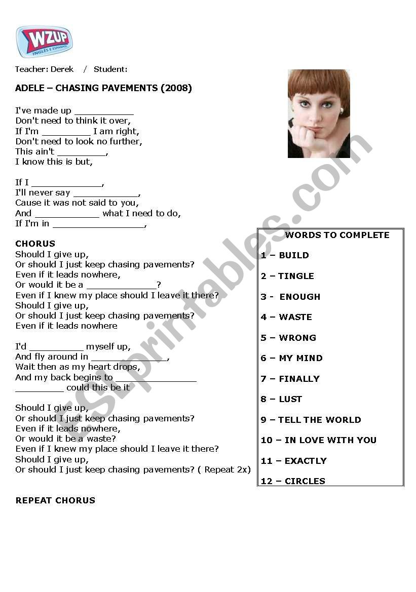 Adele - Chasing Pavements worksheet