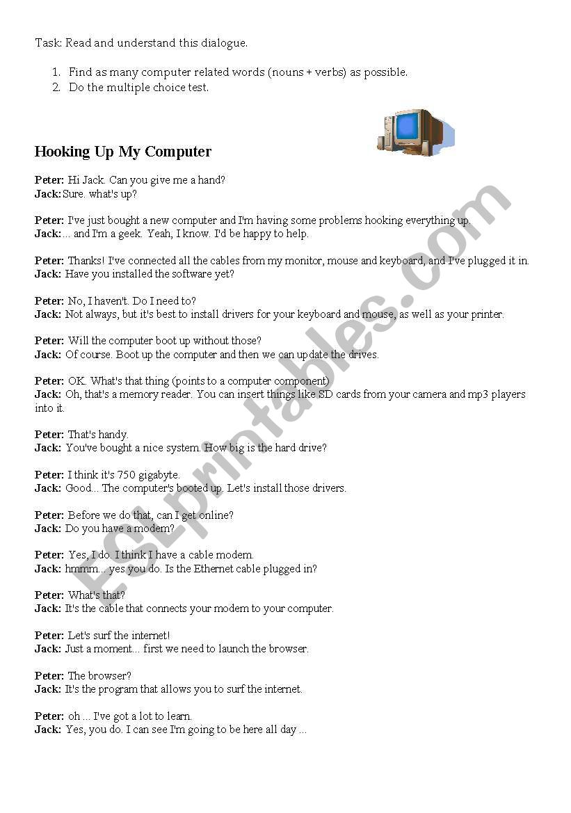 Hooking up my computer worksheet