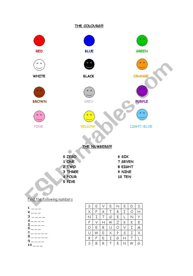 Colours and numbers worksheet