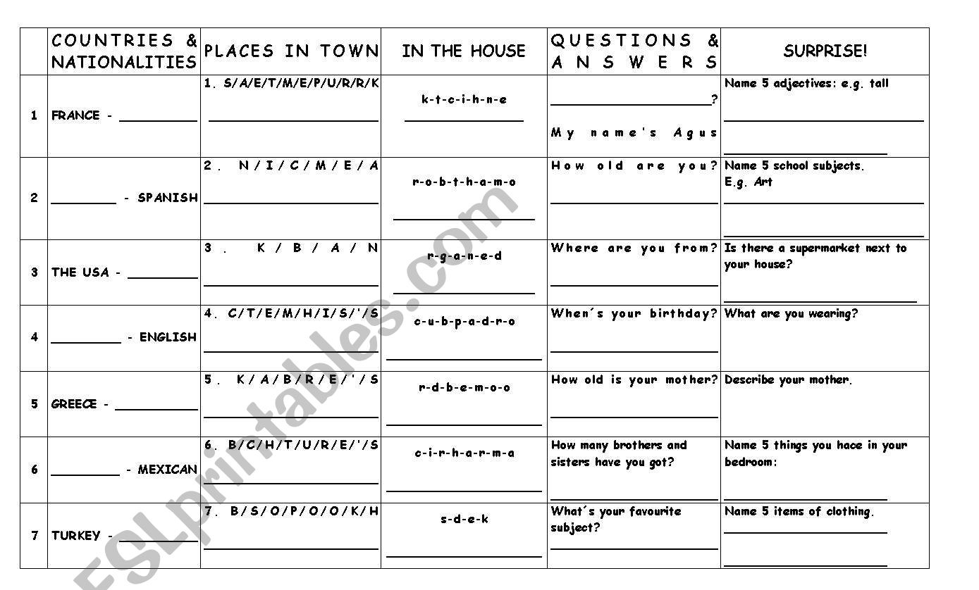 Revision game worksheet