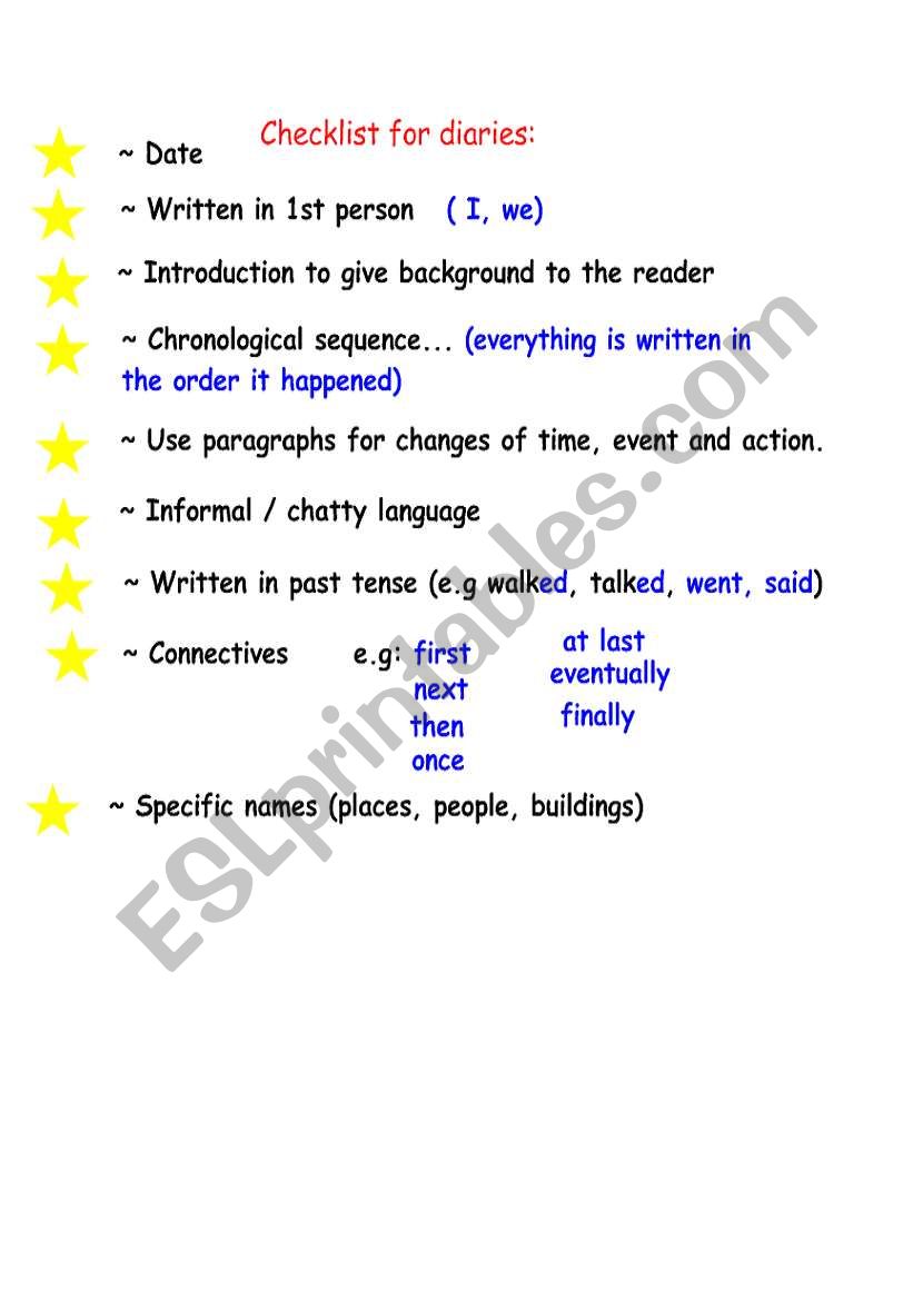 diary recount features worksheet