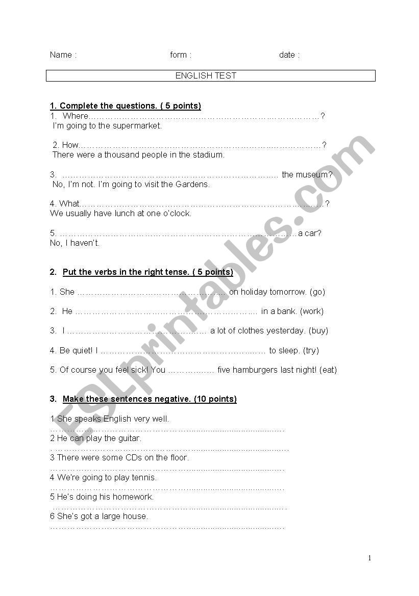 ENGLISH TEST ( level A2+) reading & writing skill