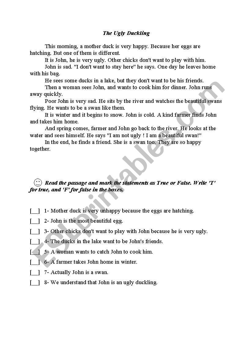 the ugly duckling worksheet