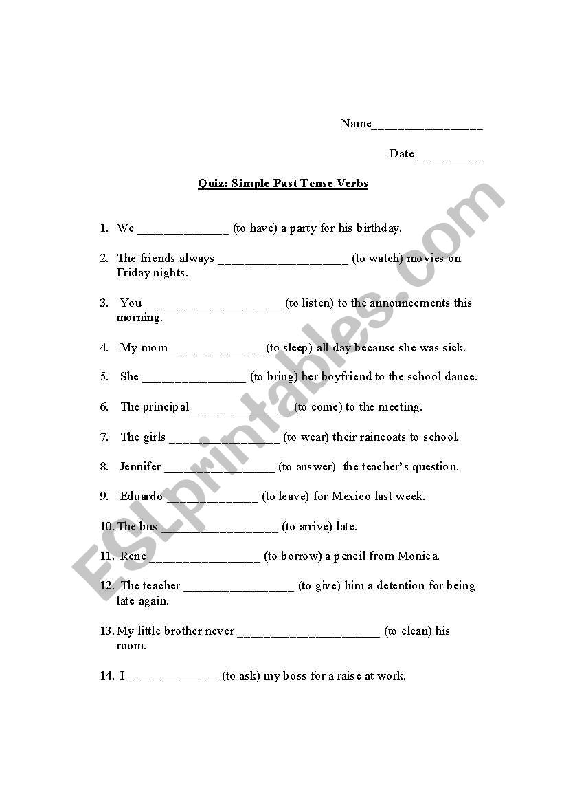 Simple Past Tense Verbs Quiz worksheet