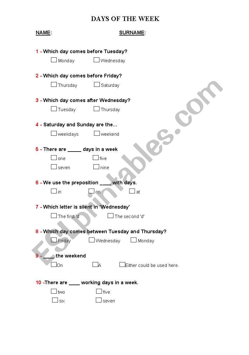 DAYS OF THE WEEK TEST worksheet